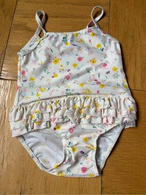 Petit Bateau Girls White Floral One-Piece Swimsuit with Pink & Yellow Flowers